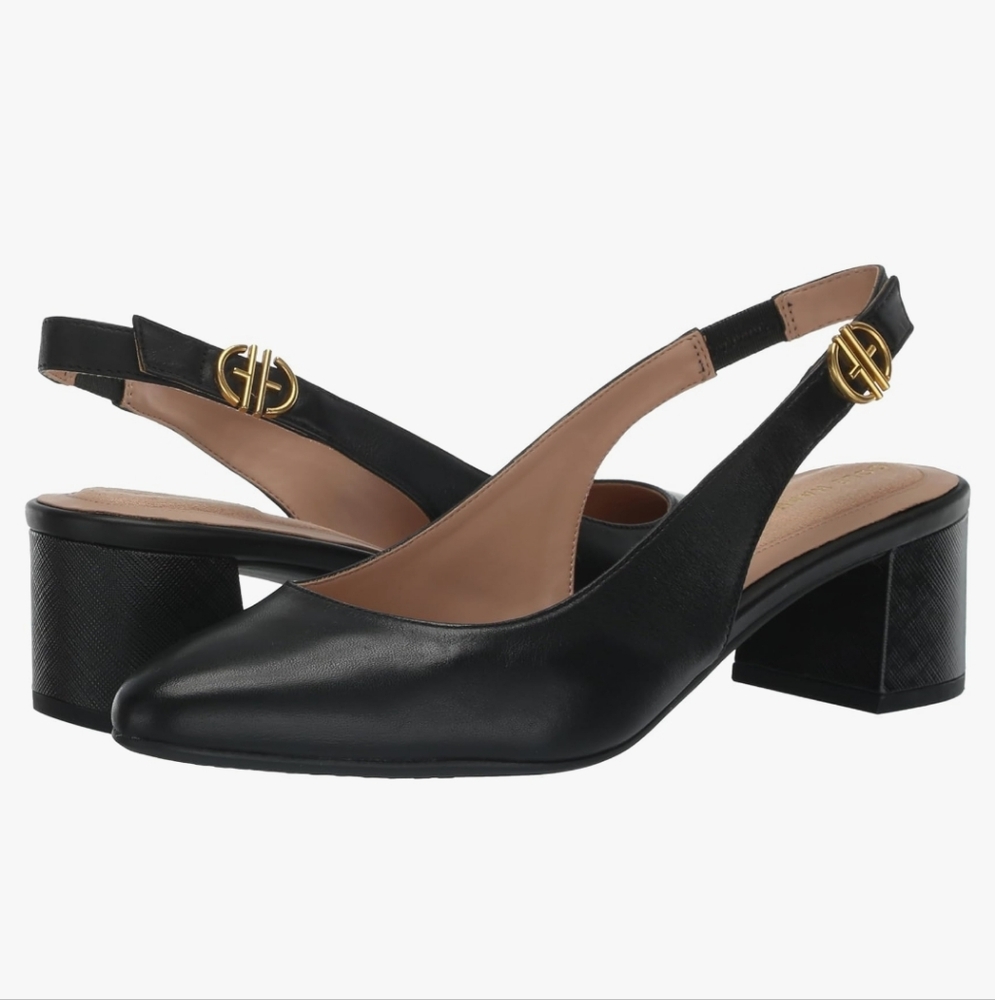 Cole Haan Real Leather Black Slingback Heels with Chunky Heel Size 9